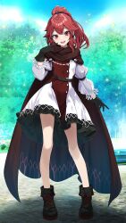 Rule 34 | 1girl, :d, anna (fire emblem), black footwear, black gloves, blue sky, boots, breasts, brown cape, cape, cloud, day, dress, fire emblem, fire emblem engage, full body, gloves, head tilt, highres, long hair, long sleeves, looking at viewer, nintendo, open mouth, outdoors, pointing, pointing at self, ponytail, red eyes, red hair, sidelocks, sky, small breasts, smile, solo, standing, tsukishiro saika, two-tone dress, white dress