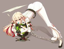 Rule 34 | 1girl, ahoge, arc system works, ass, ball and chain restraint, belt, blonde hair, bodysuit, candy, food, gloves, guilty gear, guilty gear xrd, guilty gear xrd: revelator, halo, highres, jack-o&#039; valentine, legs, legs apart, lollipop, long hair, mask, unworn mask, multicolored hair, rdc7229, red eyes, red hair, skin tight, smile, solo, top-down bottom-up