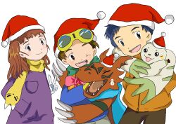 Rule 34 | black eyes, blue hair, digimon, digimon tamers, guilmon, hat, highres, lee jianliang, long hair, makino ruki, matsuda takato, one eye closed, open mouth, renamon, sharp teeth, smile, teeth, terriermon, wings