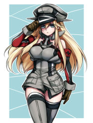 Rule 34 | 10s, 1girl, bad id, bad pixiv id, bismarck (kancolle), bismarck kai (kancolle), blonde hair, blue eyes, breasts, brown gloves, detached sleeves, gloves, grey thighhighs, hat, kantai collection, large breasts, long hair, looking at viewer, peaked cap, personification, solo, takatsuki ichi, thighhighs, zettai ryouiki