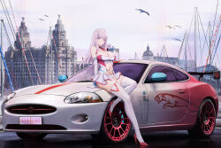 Rule 34 | 1girl, absurdres, alternate costume, arm support, azur lane, bare shoulders, bird, blue scrunchie, blunt bangs, breasts, car, cleavage, closed mouth, clothing cutout, cloud, collarbone, commentary, day, detached collar, elbow gloves, full body, gloves, hair ornament, high heels, highres, holding, jaguar (car), jaguar xkr-s, kcar66t, large breasts, leotard, light purple hair, liverpool, location request, long hair, looking at viewer, motor vehicle, navel, navel cutout, necktie, outdoors, plymouth (azur lane), purple eyes, purple hair, race queen, real world location, red footwear, red necktie, scrunchie, short necktie, showgirl skirt, sitting, sitting on car, skindentation, smile, solo, strapless, strapless leotard, thighhighs, wariza, white gloves, white leotard, white thighhighs, wrist scrunchie