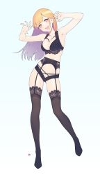 Rule 34 | 1girl, :d, armpits, arms up, black bra, black garter belt, black panties, black thighhighs, blonde hair, blurry, blush, bra, breasts, claw pose, collarbone, contrapposto, ear piercing, earrings, full body, garter belt, gluteal fold, gradient hair, happy, highres, jewelry, kitagawa marin, lace, lace-trimmed bra, lace-trimmed legwear, lace panties, lace trim, lingerie, long hair, looking at viewer, medium breasts, multicolored hair, multiple piercings, nail polish, navel, no shoes, open mouth, panties, piercing, red eyes, red nails, simple background, smile, solo, sono bisque doll wa koi wo suru, standing, teeth, thighhighs, thighs, underwear, underwear only, upper teeth only, yan wan