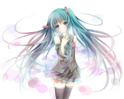Rule 34 | 1girl, aqua eyes, aqua hair, bad id, bad pixiv id, blush, detached sleeves, hand on another&#039;s chest, hand on own chest, hatsune miku, long hair, necktie, skirt, solo, thighhighs, twintails, very long hair, vocaloid, yonema