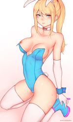 Rule 34 | 1girl, alternate costume, animal ears, ankle boots, artist name, bare shoulders, blonde hair, blue eyes, bluefield, boots, bow, bowtie, breasts, cleavage, collar, covered erect nipples, covered navel, elbow gloves, fake animal ears, gloves, high heel boots, high heels, highres, kneeling, leotard, long hair, looking at viewer, medium breasts, metroid, nintendo, nipple slip, nipples, parted lips, patreon, playboy bunny, ponytail, rabbit ears, rabbit tail, samus aran, solo, sweat, tail, thighhighs, watermark, web address, white thighhighs