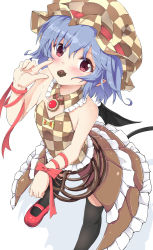 Rule 34 | 1girl, alternate costume, bare shoulders, bat wings, black thighhighs, blue hair, blush, checkered clothes, checkered dress, checkered headwear, chocolate, dress, hat, hat ribbon, looking at viewer, mary janes, mob cap, mouth hold, noa (nagareboshi), pink eyes, pointy ears, remilia scarlet, ribbon, shoes, showgirl skirt, sleeveless, solo, strapless, strapless dress, thighhighs, touhou, valentine, wings, wrist ribbon