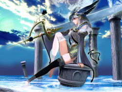 Rule 34 | 10s, 1girl, asymmetrical legwear, barefoot, black thighhighs, blue sky, braid, breasts, chain chronicle, cloud, detached sleeves, dress, earrings, facepaint, from side, full moon, greatsword, helmet, highres, huge weapon, jewelry, juliet sleeves, kouno (masao), lace, lace-trimmed legwear, lace trim, large breasts, leg up, long hair, long sleeves, moon, nail polish, original, over shoulder, partially submerged, pillar, profile, puffy sleeves, shirt, short dress, silver hair, sitting, skirt, sky, soaking feet, solo, sword, sword over shoulder, thighhighs, thighs, toeless legwear, uneven legwear, very long hair, water, weapon, weapon over shoulder, white thighhighs, winged helmet