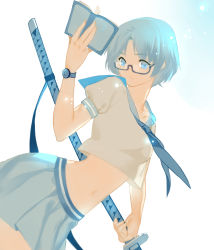 Rule 34 | 1girl, absurdres, adapted costume, bespectacled, bishoujo senshi sailor moon, blue eyes, blue hair, blue sailor collar, blue skirt, book, crop top, crop top overhang, expressionless, glasses, highres, holding, holding sword, holding weapon, jewelry, joseph lee, magical girl, matching hair/eyes, mercury symbol, midriff, mizuno ami, navel, necklace, parted lips, pleated skirt, sailor collar, sailor mercury, sheath, sheathed, short hair, skirt, solo, sword, watch, weapon, wristwatch