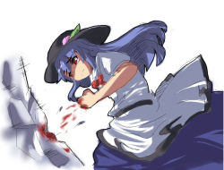 Rule 34 | 1girl, blood, blood on hands, blue hair, female focus, food, fruit, hat, hinanawi tenshi, magukappu, no nose, peach, punching, red eyes, simple background, solo, standing, tears, touhou, white background