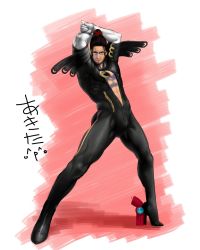 Rule 34 | 1boy, arms behind head, bad id, bad pixiv id, bayonetta, bayonetta (cosplay), bayonetta (series), bespectacled, bodysuit, brazil, center opening, cosplay, creator connection, futon saru, glasses, highres, jewelry, male focus, metal gear (series), metal gear rising: revengeance, necklace, parody, platinum games, platinumgames inc., ponytail, samuel rodrigues, scar, solo, zipper