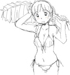 Rule 34 | 1girl, awatake takahiro, bikini, blush, braid, breasts, front-tie bikini top, front-tie top, happy, large breasts, leaf, long hair, looking at viewer, lowres, monochrome, side-tie bikini bottom, simple background, sketch, smile, solo, spot color, swimsuit, tagme, twin braids, white background