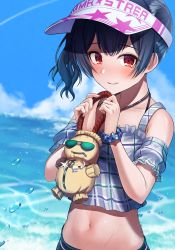 Rule 34 | 1girl, absurdres, blue sky, blush, checkered clothes, checkered shirt, cloud, collarbone, commentary request, day, frilled sleeves, frills, hands up, hat, highres, idolmaster, idolmaster shiny colors, looking at viewer, midriff, morino rinze, navel, ocean, osoba susurukun, outdoors, over shoulder, purple shirt, red eyes, scrunchie, shell, shirt, short sleeves, side ponytail, sidelocks, sky, smile, solo, stuffed toy, sunglasses, visor cap, water drop, wavy hair, white hat, wrist scrunchie, zipper, zipper pull tab