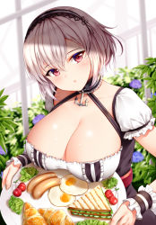 Rule 34 | 1girl, anchor choker, azur lane, blush, breasts, choker, cleavage, collarbone, food, hair between eyes, hairband, head tilt, highres, lace-trimmed choker, lace-trimmed cuffs, lace-trimmed hairband, lace trim, large breasts, looking at viewer, maid, parted lips, puffy sleeves, red eyes, shiny skin, short hair, short sleeves, sidelocks, sirius (azur lane), solo, white hair, wrist cuffs, wsman