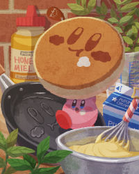 Rule 34 | blush, brick wall, cookie, cooking, cream, cup, food, food focus, food on face, frying pan, highres, holding, holding food, honey, jar, kirby, kirby (series), kirby cafe, leaf, miclot, milk, nintendo, open mouth, pancake, solo, tongue, undersized animal, wafer stick, waffle, wall