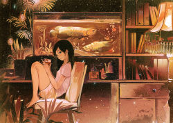 Rule 34 | 1girl, aquarium, arowana, bare legs, barefoot, black hair, book, bookshelf, breasts, chair, cup, drinking glass, feet on chair, fish, from side, gemi, grey eyes, indoors, lamp, legs up, looking at viewer, original, plant, potted plant, shirt, short sleeves, shorts, sitting, small breasts, solo