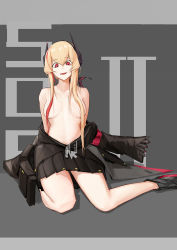 Rule 34 | 1girl, absurdres, arms behind back, bare shoulders, black jacket, black skirt, blonde hair, breasts, character name, clothes pull, collarbone, cursor, full body, girls&#039; frontline, hair over breasts, headphones, highres, jacket, jacket pull, long hair, looking at viewer, m4 sopmod ii (girls&#039; frontline), medium breasts, multicolored hair, on floor, open clothes, open jacket, open mouth, red eyes, simple background, skirt, smile, solo, ss-7, streaked hair, topless