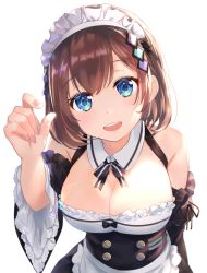 Rule 34 | 1girl, apron, bare shoulders, blue eyes, breasts, brown hair, commentary request, corset, detached collar, detached sleeves, dress, frilled dress, frills, hair ornament, head tilt, highres, iq-chan, iq. channel, large breasts, leaning forward, looking at viewer, maid, maid headdress, nail polish, omelet tomato, open mouth, pink nails, short hair, smile, solo, upper body, virtual youtuber, waist apron, white apron, wide sleeves