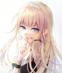 Rule 34 | 1girl, blonde hair, blue eyes, diamond earrings, dress, earrings, finger to mouth, formal, grin, highres, hololive, hololive english, jewelry, long hair, mary (14476764), see-through, see-through sleeves, simple background, smile, solo, tiara, twitter username, upper body, virtual youtuber, watson amelia, white background