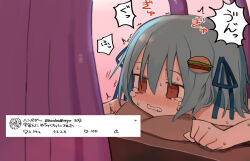 Rule 34 | 1girl, alien, blue hair, blue ribbon, blush, borrowed character, burger hair ornament, clenched hands, empty eyes, food-themed hair ornament, grimace, hair ornament, hair ribbon, hamburger-chan (hundredburger), kokaki mumose, lying, massage, no eyewear, nude, on stomach, original, pillow, red eyes, ribbon, short hair, sweat, tearing up, tentacles, translated, tweet, twitching, twitter, upper body