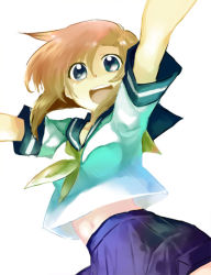 Rule 34 | 1girl, blue eyes, breasts, brown hair, female focus, higurashi no naku koro ni, midriff, navel, open mouth, ryuuguu rena, school uniform, serafuku, skirt, solo, suwaru, uniform, white background