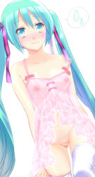 Rule 34 | 1girl, babydoll, blush, breasts, green eyes, green hair, haineru, hatsune miku, highres, long hair, matching hair/eyes, navel, nipples, pussy, see-through, simple background, small breasts, solo, strap slip, thighhighs, twintails, uncensored, very long hair, vocaloid, white background, white thighhighs