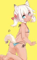 Rule 34 | 1girl, absurdres, animal ears, ass, back, bare legs, bare shoulders, barefoot, bikini, blue bikini, blue eyes, blush, commentary request, dog ears, dog tail, eyebrows, fang, flat chest, from behind, hair between eyes, hair ribbon, highres, long hair, looking at viewer, looking back, open mouth, original, ribbon, side-tie bikini bottom, simple background, solo, standing, swimsuit, tail, thick eyebrows, tomcat (moconeko), twintails