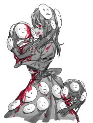 Rule 34 | 1girl, absurdres, blood, blood on clothes, blood on face, breasts, commentary, creature and personification, dress, from side, grin, highres, large breasts, lobotomy corporation, long hair, long sleeves, mountain of smiling bodies, personification, poopvirus, project moon, red eyes, ribbon, simple background, sketch, smile, spot color, white background, zipper