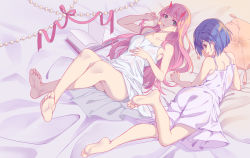Rule 34 | 10s, 2girls, 5plus, ass, barefoot, bed sheet, blue hair, book, candy, collarbone, crossed legs, darling in the franxx, feet, food, green eyes, hair ornament, hairclip, highres, horns, ichigo (darling in the franxx), legs, lollipop, long hair, looking at viewer, lying, multiple girls, on back, on stomach, open mouth, pillow, pink hair, ribbon, short hair, sleepwear, soles, toes, zero two (darling in the franxx)