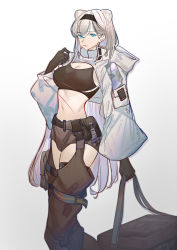 Rule 34 | 1girl, absurdres, animal ears, arknights, aurora (arknights), bear ears, belt, black gloves, black hairband, blue eyes, chaps, commentary, crop top, feet out of frame, gloves, gradient background, grey background, hairband, hand up, highres, holding, infection monitor (arknights), long hair, long sleeves, looking at viewer, midriff, naoel (naoel art), navel, pouch, shrug (clothing), solo, sports bra, standing, stomach, thighs, very long hair, white hair