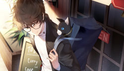 Rule 34 | 10s, 1boy, amamiya ren, backpack, bad id, bad pixiv id, bag, black-framed eyewear, black jacket, brown hair, carchet, cat, closed mouth, commentary request, day, english text, glasses, highres, jacket, long sleeves, menu, morgana (persona 5), persona, persona 5, plant, potted plant, shirt, smile, white shirt