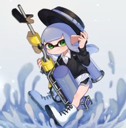 Rule 34 | 1girl, absurdres, adjusting clothes, adjusting headwear, akr tmr, black hat, black shorts, black sweater, blue hair, blue ribbon, blunt bangs, boater hat, boots, closed mouth, commentary, cross-laced footwear, dolphin shorts, dress shirt, e-liter 4k (splatoon), green eyes, hat, hat ribbon, highres, holding, holding weapon, ink tank (splatoon), inkling, inkling (language), inkling girl, inkling player character, lace-up boots, leaning forward, light particles, long hair, long sleeves, looking at viewer, nintendo, paint splatter, pointy ears, ribbon, shirt, short shorts, shorts, smile, solo, splashing, splatoon (series), splatoon 2, standing, straight-laced footwear, sweater, tentacle hair, v-neck, weapon, white footwear, white shirt, wing collar