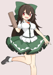 Rule 34 | 1girl, :d, arm cannon, black footwear, black hair, bow, breasts, collared shirt, commentary, frilled skirt, frills, green bow, green skirt, grey background, hair bow, hekkmushi, highres, large breasts, long hair, looking at viewer, open mouth, red eyes, red pupils, reiuji utsuho, shirt, simple background, skirt, smile, socks, solo, third eye, touhou, weapon, white shirt, white socks