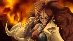 Rule 34 | 1girl, adjusting eyewear, android 21, brown hair, dragon ball, dragon ball fighterz, earrings, fire, glasses, highres, hoop earrings, jewelry, lab coat, long hair, plague of gripes, solo