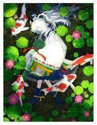 Rule 34 | 1girl, black ribbon, blue footwear, blue hat, blue skirt, boots, border, closed eyes, commentary request, fish, floating, flower, full body, hat, highres, japanese clothes, kariginu, koi, lily pad, long hair, lotus, medium bangs, mononobe no futo, neck ribbon, open mouth, pink flower, pom pom (clothes), ribbon, ribbon-trimmed sleeves, ribbon trim, ritsuzou, skirt, sleeves past fingers, sleeves past wrists, solo, tate eboshi, touhou, water, white border, white hair, wide sleeves