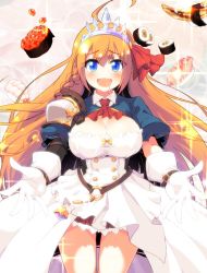 Rule 34 | 1girl, armor, ascot, belt, black belt, blue eyes, blush, braid, breasts, cleavage, commentary request, cowboy shot, dress, food, gloves, hair ribbon, large breasts, long hair, looking at viewer, open mouth, orange hair, pauldrons, pecorine (princess connect!), princess connect!, reaching, reaching towards viewer, red ascot, red ribbon, ribbon, saliva, short dress, shoulder armor, shrug (clothing), smile, solo, sparkle, standing, sushi, sw (taco), tiara, white dress, white gloves, wing collar