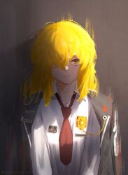 Rule 34 | 1girl, alternate hair length, alternate hairstyle, badge, black coat, black vest, blonde hair, coat, collared shirt, commentary, don quixote (project moon), english commentary, highres, itsukaonline, limbus company, long sleeves, looking at viewer, necktie, open mouth, project moon, red necktie, shirt, short hair, simple background, smile, solo, sticker, vest, white shirt, yellow eyes
