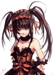 Rule 34 | 1girl, 2017, asymmetrical hair, black hair, black sleeves, breasts, choker, cleavage, collarbone, date a live, dated, detached sleeves, dress, hair ribbon, hand on own hip, heterochromia, highres, lolita fashion, long hair, looking at viewer, maid headdress, medium breasts, red eyes, red ribbon, ribbon, signature, simple background, sketch, sleeveless, sleeveless dress, smile, solo, tokisaki kurumi, twintails, very long hair, white background, xiaobanbei milk, yellow eyes