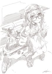 Rule 34 | 1girl, bespectacled, black choker, bow, bowtie, cabbie hat, choker, closed mouth, clothing cutout, commentary request, glasses, greyscale, hair between eyes, hair ribbon, hat, high-waist skirt, highres, hololive, honda motocompo, looking at viewer, medium hair, mizukiri fuurai, monochrome, natsuiro matsuri, natsuiro matsuri (casual), ribbon, shoes, shoulder cutout, sitting, sitting on object, sketch, skirt, smile, solo, twintails, v, virtual youtuber, wavy hair