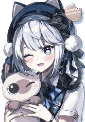 Rule 34 | 1girl, animal ear headwear, animal ears, bambinata (punishing: gray raven), beret, black hair, blue bow, blue bowtie, blue eyes, blush, bow, bowtie, bracelet, braided hair rings, cat ears, checkered bow, checkered bowtie, checkered clothes, collared shirt, doll, fake animal ears, fang, from side, grey hair, hat, heart, heart-shaped pupils, highres, holding, holding doll, jewelry, official alternate costume, one eye closed, open mouth, punishing: gray raven, shirt, short sleeves, sidelocks, skin fang, solo, stuffed animal, stuffed cat, stuffed toy, sw haze, symbol-shaped pupils, white hair, white pom poms, white shirt