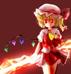 Rule 34 | 1girl, :d, blonde hair, bow, crystal, female focus, fire, flandre scarlet, flat chest, frills, glowing, grin, hair between eyes, hat, holding, kazami ruku, looking at viewer, lowres, miniskirt, mob cap, necktie, open mouth, red eyes, shirt, short hair, side ponytail, simple background, skirt, smile, solo, standing, sword, touhou, vest, weapon, wind, wind lift, wings