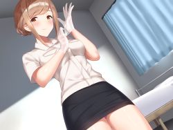 Rule 34 | 1girl, adjusting clothes, adjusting gloves, bad id, bad pixiv id, black skirt, blush, braid, braided bun, breasts, brown eyes, brown hair, closed mouth, cocona, collared shirt, commentary request, copyright request, cowboy shot, curtains, day, dress shirt, dutch angle, gloves, hair bun, highres, indoors, looking at viewer, medium breasts, miniskirt, panties, pantyshot, pencil skirt, purple panties, see-through, shirt, sidelocks, skirt, smile, solo, standing, sunlight, swept bangs, table, underwear, white gloves, white shirt