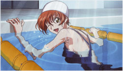 Rule 34 | 00s, 1girl, ;d, absurdres, back, bare shoulders, breasts, brown eyes, brown hair, code geass, code geass: lost colors, competition swimsuit, female focus, from behind, happy, highres, lane line, light rays, looking back, official art, one-piece swimsuit, one eye closed, open mouth, orange hair, pool, ripples, scan, shirley fenette, smile, solo, sunbeam, sunlight, swim cap, swimming, swimsuit, water, wet, wink
