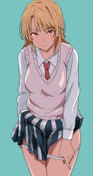 Rule 34 | 1girl, blonde hair, brown eyes, closed mouth, collared shirt, cowboy shot, green background, highres, hioekaki191325, isshiki iroha, long sleeves, looking at viewer, medium hair, necktie, panties, panty pull, pink sweater vest, plaid, plaid skirt, pleated skirt, pulling own clothes, red necktie, school uniform, shirt, simple background, skirt, solo, sweater vest, thighs, underwear, undressing, white panties, white shirt, yahari ore no seishun lovecome wa machigatteiru.