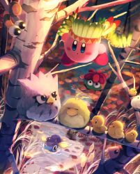Rule 34 | absurdres, apolo (kirby), autumn leaves, bird, blue eyes, blush stickers, capiller (kirby), cattail, chick, chicken, closed eyes, coo (kirby), dappled sunlight, flying, glunk (kirby), highres, kirby, kirby (series), looking at another, nintendo, pitch (kirby), plant, sunlight, suyasuyabi, tookey, tree, twizzy, walf, water, wing kirby