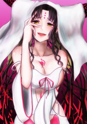 Rule 34 | 1girl, bare shoulders, black hair, blush, breasts, camisole, chest tattoo, collarbone, commentary request, facial mark, fate/extra, fate/extra ccc, fate/grand order, fate (series), forehead mark, forehead tattoo, gradient background, hand on own head, highres, horns, large breasts, long hair, looking at viewer, multicolored hair, open mouth, parted bangs, partial commentary, pink background, pink hair, pink ribbon, ribbon, sessyoin kiara, smile, solo, stomach tattoo, tattoo, thirukin, very long hair, wavy hair, white camisole, white sleeves, white veil, wide sleeves, yellow eyes