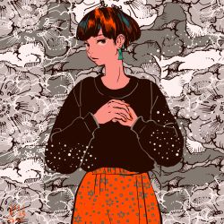 Rule 34 | 1girl, black hair, black shirt, black skirt, dated, earrings, hands up, highres, jewelry, long sleeves, looking at viewer, nail polish, original, procreate (medium), red nails, shirt, short hair, signature, skirt, solo, tomidoron, upper body