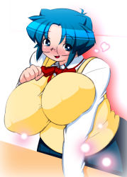 Rule 34 | 00s, 1girl, blue eyes, blue hair, blush, breast suppress, breasts, ciel (tsukihime), covered erect nipples, glasses, heart, highres, huge breasts, light particles, matching hair/eyes, open mouth, school uniform, short hair, smile, solo, tsukihime, yorisaka yuuhei