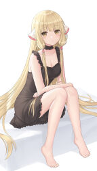 Rule 34 | 1girl, bare arms, bare shoulders, barefoot, black dress, breasts, brown eyes, chii, chobits, cleavage, closed mouth, collarbone, commentary request, dress, frilled dress, frills, full body, hair tubes, highres, knees together feet apart, light brown hair, long hair, medium breasts, robot ears, seungju lee, sidelocks, simple background, sitting, sleeveless, sleeveless dress, solo, tiptoes, very long hair, white background