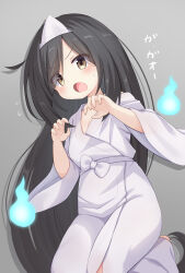 Rule 34 | 1girl, :o, black hair, blue fire, blush, bow, breasts, brown eyes, cleavage, collarbone, cowboy shot, fingernails, fire, floating, flying sweatdrops, ghost, ghost pose, grey background, highres, hitodama, japanese clothes, kimono, kneeling, light blush, long hair, looking at viewer, mogura2009, nervous, open mouth, original, parted bangs, petite, side ahoge, simple background, small breasts, solo, sweatdrop, translated, triangular headpiece, v-shaped eyebrows, very long hair, waist bow, white bow, white kimono, wide sleeves