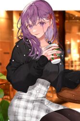 Rule 34 | 1girl, black jacket, black pantyhose, black shirt, commentary, cup, fate/stay night, fate (series), hair behind ear, hair ribbon, high-waist skirt, highres, holding, holding cup, jacket, long hair, long sleeves, looking at viewer, matou sakura, pantyhose, purple eyes, purple hair, red ribbon, ribbon, shimatori (sanyyyy), shirt, shirt tucked in, sitting, skirt, sleeves past wrists, solo, symbol-only commentary, white skirt