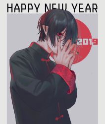 Rule 34 | 1boy, 2019, black hair, black nails, border, chinese clothes, closed mouth, eyeshadow, fingernails, floral print, grey border, hands on own face, happy new year, highres, makeup, male focus, nail polish, new year, original, pointy ears, red eyes, red eyeshadow, rit3set, solo